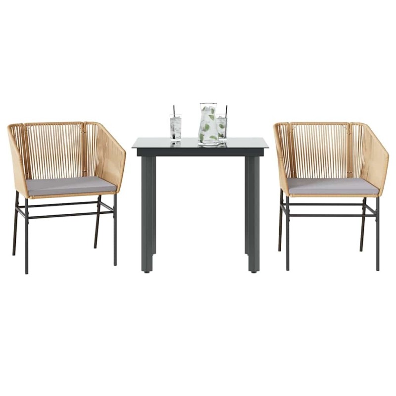 Ensemble à manger jardin coussins 3pcs marron poly rotin verre 