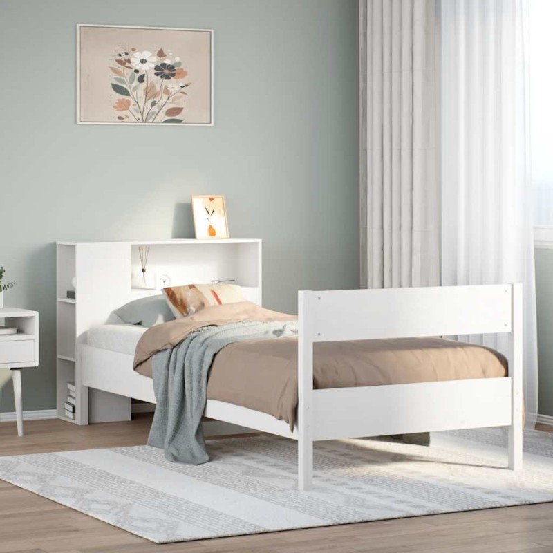 Lit bibliothèque sans matelas blanc 90x200cm bois de pin massif 