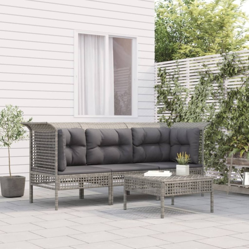 Salon de jardin 4 pcs avec coussins Gris Résine tressée 