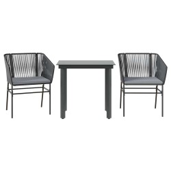 Ensemble à manger de jardin et coussins 3 pcs noir rotin verre 