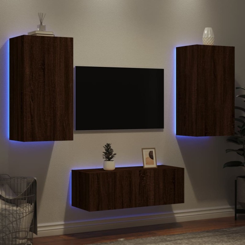 Unités murales TV avec LED 4 pcs chêne marron bois d'ingénierie 