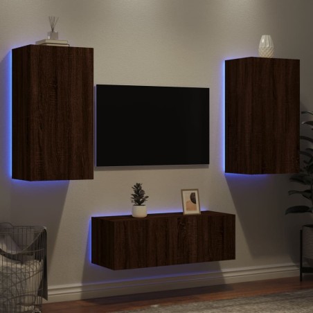 Unités murales TV avec LED 4 pcs chêne marron bois d'ingénierie 
