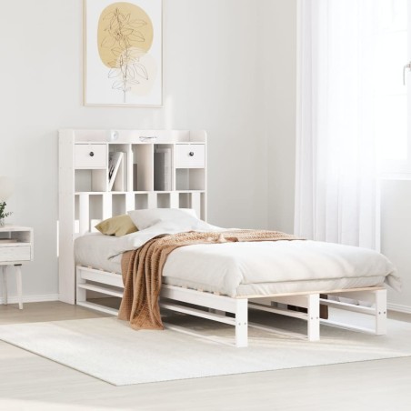 Lit bibliothèque sans matelas blanc 75x190cm bois de pin massif 