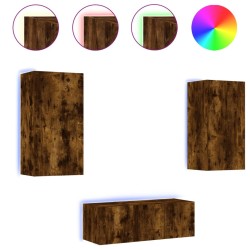 Unités murales TV avec LED 4 pcs chêne fumé bois d'ingénierie 