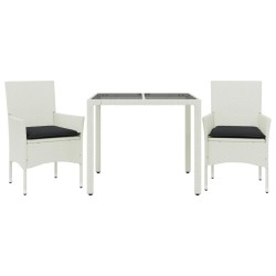 Ensemble à manger de jardin et coussins 3 pcs blanc rotin verre 