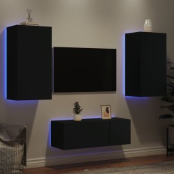 Unités murales TV avec LED 4 pcs noir bois d'ingénierie 