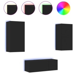 Unités murales TV avec LED 4 pcs noir bois d'ingénierie 