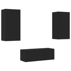 Unités murales TV avec LED 4 pcs noir bois d'ingénierie 