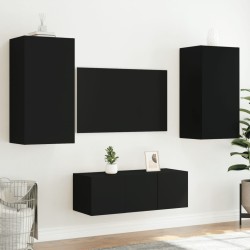 Unités murales TV avec LED 4 pcs noir bois d'ingénierie 