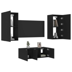 Unités murales TV avec LED 4 pcs noir bois d'ingénierie 