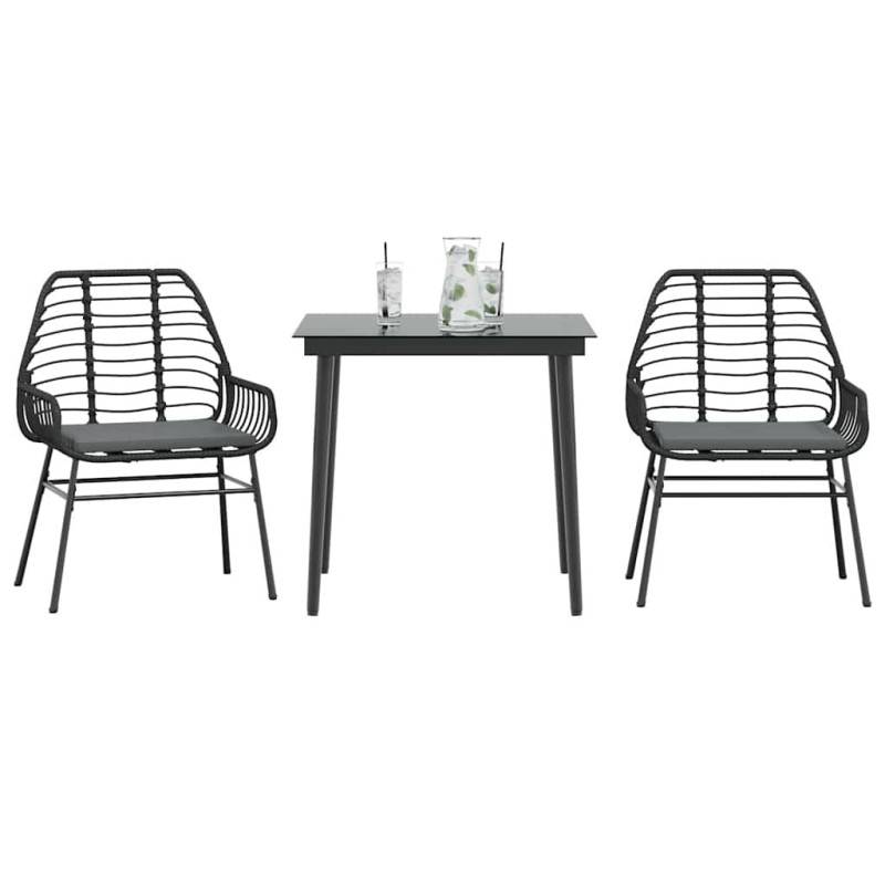 Ensemble à manger de jardin et coussins 3 pcs noir rotin verre 