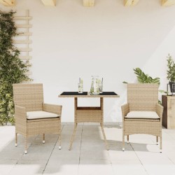 Ensemble à manger de jardin et coussins 3 pcs beige rotin verre 
