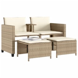 Canapé de jardin 2 places avec table et tabourets beige rotin 