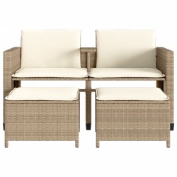 Canapé de jardin 2 places avec table et tabourets beige rotin 