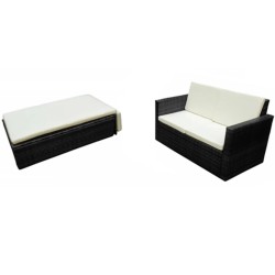 Salon de jardin 2 pcs avec coussins Résine tressée Noir 
