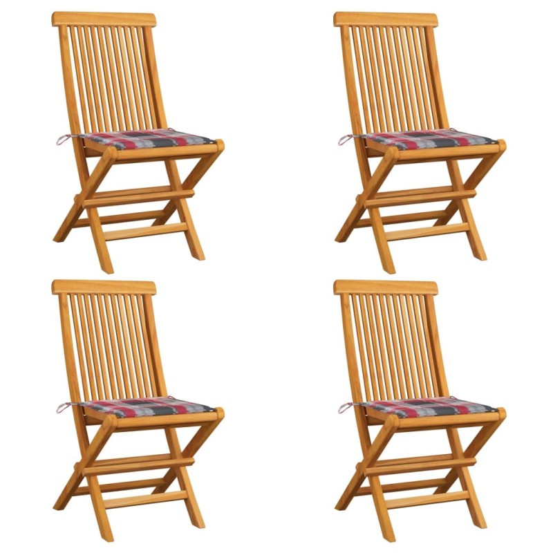 Chaises de jardin et coussins à carreaux rouge lot de 4 Teck 
