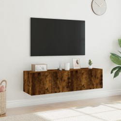 Meubles TV muraux et lumières LED 2pcs chêne fumé 60x35x31 cm 