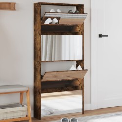 Armoire à chaussures miroir à 4 niveaux chêne fumé 63x17x134 cm 