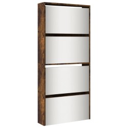 Armoire à chaussures miroir à 4 niveaux chêne fumé 63x17x134 cm 