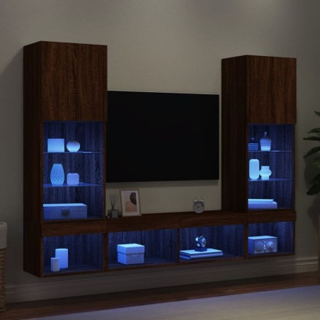 Unités murales TV avec LED 5 pcs chêne marron bois d'ingénierie 