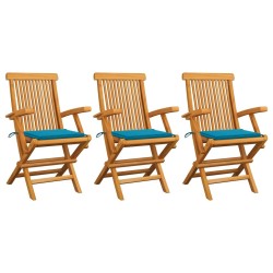 Chaises de jardin avec coussins bleu lot de 3 Bois teck massif 