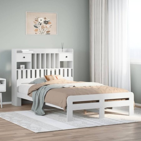 Lit bibliothèque sans matelas blanc 135x190 cm bois pin massif 
