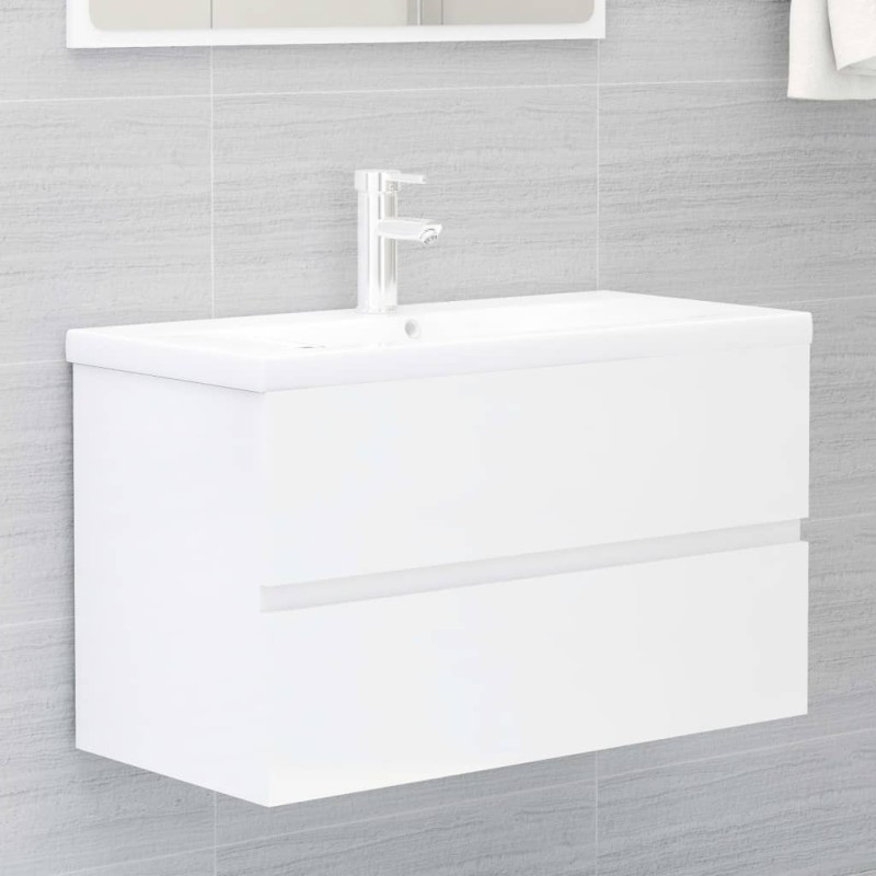 Armoire d'évier lavabo intégré blanc brillant bois d'ingénierie 