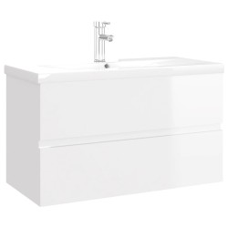 Armoire d'évier lavabo intégré blanc brillant bois d'ingénierie 