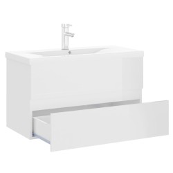 Armoire d'évier lavabo intégré blanc brillant bois d'ingénierie 