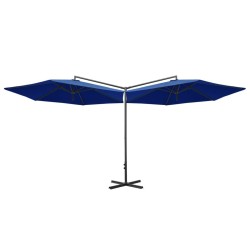 Parasol de jardin double avec mât en acier bleu azuré 600 cm 