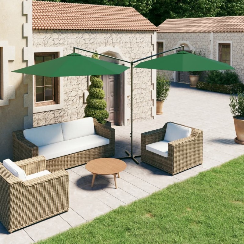 Parasol de jardin double avec mât en acier vert 600 cm 