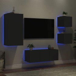 Unités murales TV avec LED 5 pcs noir bois d'ingénierie 