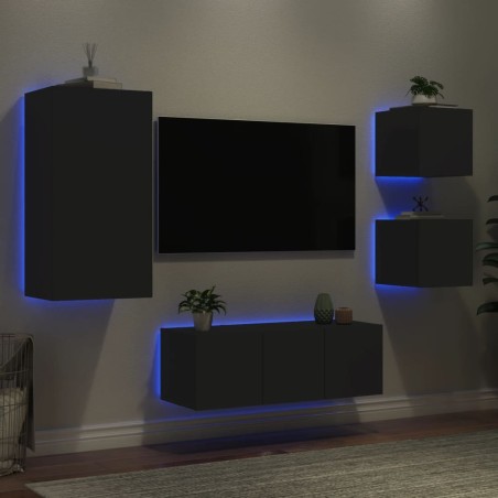 Unités murales TV avec LED 5 pcs noir bois d'ingénierie 