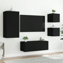 Unités murales TV avec LED 5 pcs noir bois d'ingénierie 