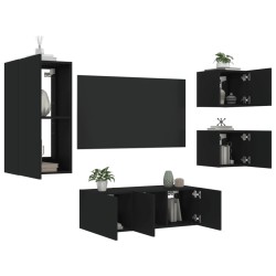 Unités murales TV avec LED 5 pcs noir bois d'ingénierie 