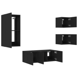 Unités murales TV avec LED 5 pcs noir bois d'ingénierie 