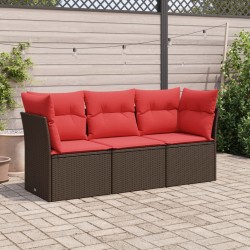 Salon de jardin avec coussins 3 pcs marron résine tressée 
