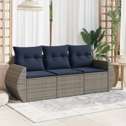 Salon de jardin avec coussins 3 pcs gris résine tressée 
