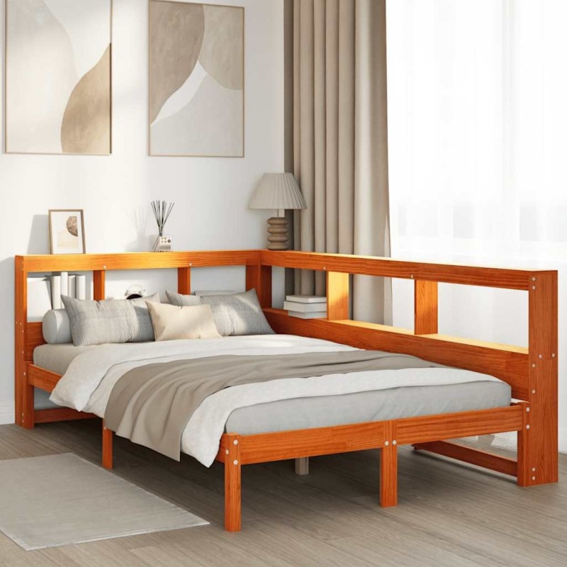Lit bibliothèque sans matelas cire marron 135x190 cm pin massif 