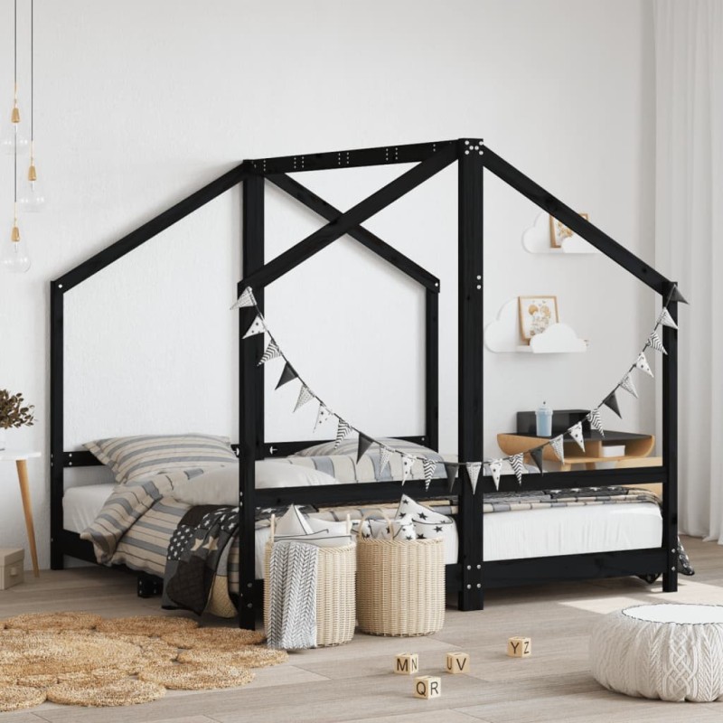 Cadre de lit pour enfant noir 2x(80x160) cm bois de pin massif 