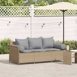 Canapé de jardin avec coussins 3 places beige résine tressée 
