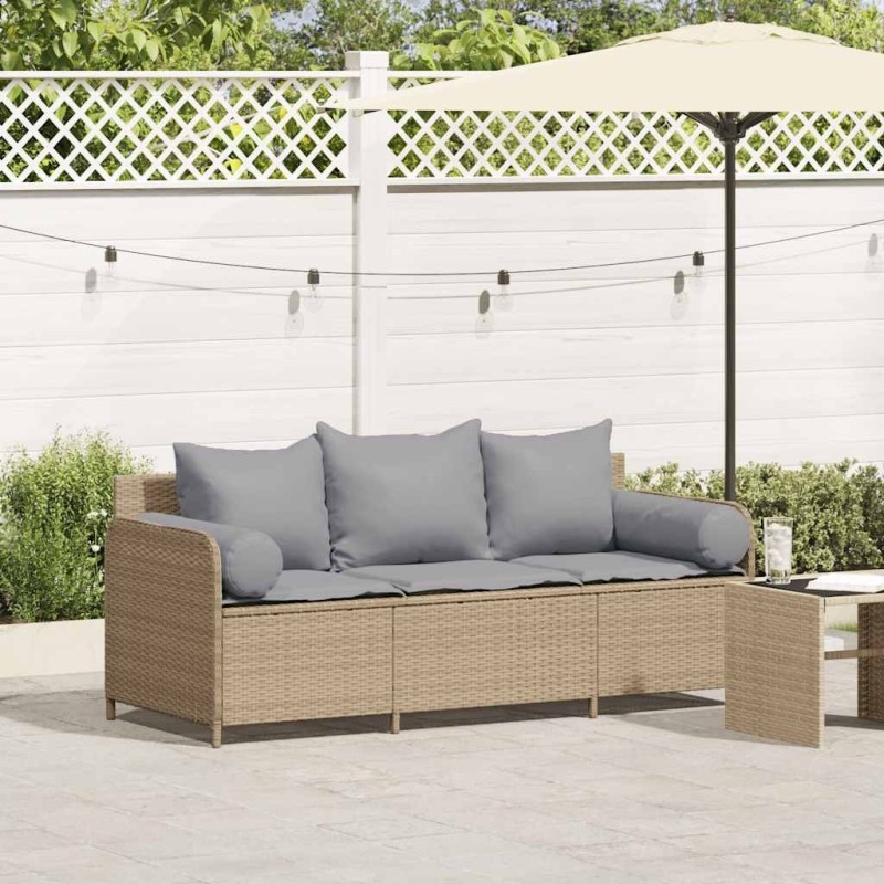 Canapé de jardin avec coussins 3 places beige résine tressée 