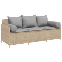 Canapé de jardin avec coussins 3 places beige résine tressée 