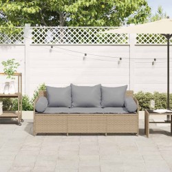 Canapé de jardin avec coussins 3 places beige résine tressée 