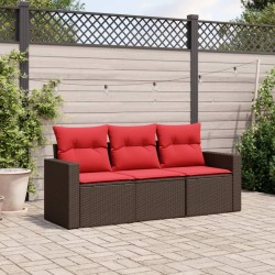 Salon de jardin avec coussins 3 pcs marron résine tressée 
