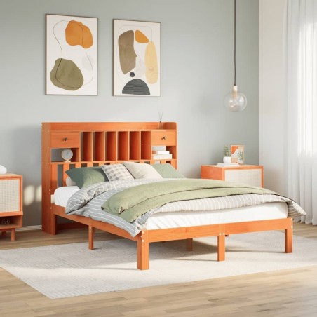 Lit bibliothèque sans matelas cire marron 120x190cm pin massif 