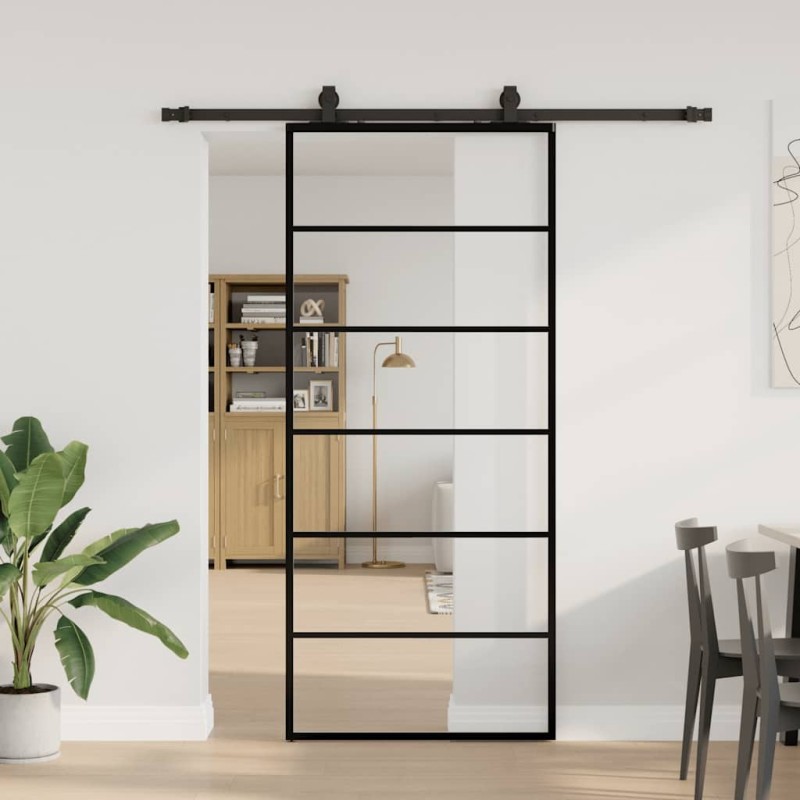 Porte coulissante kit de quincaillerie noir 90x205 cm verre ESG 