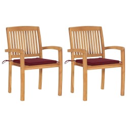 Chaises de jardin lot de 2 avec coussins bordeaux Teck massif 