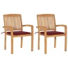 Chaises de jardin lot de 2 avec coussins bordeaux Teck massif 
