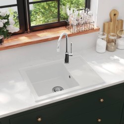 Évier de cuisine avec trou de trop-plein ovale Blanc Granit 